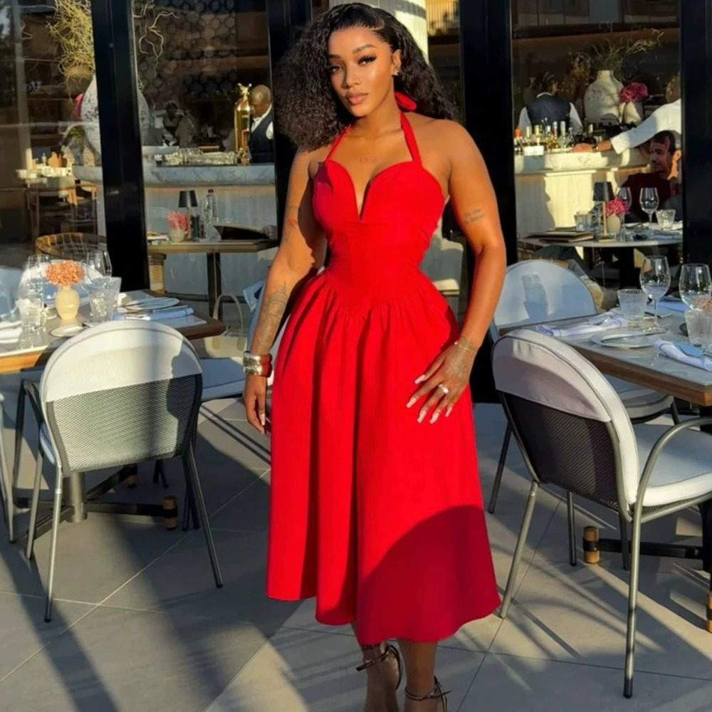Red Halter Bustier High Waist Flared Maxi Dress African Style Date Night